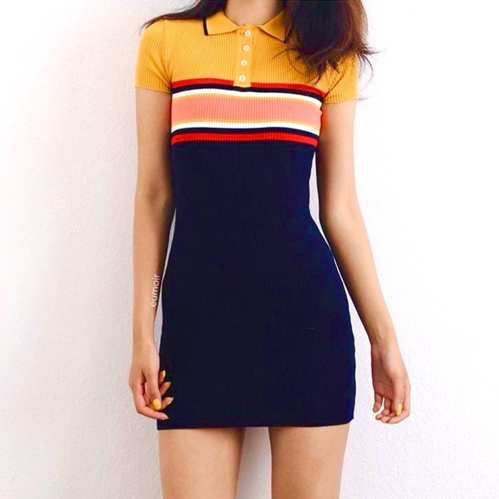 Urban Outfitters Navy / Golden Yellow Colorblock Knit Polo Collar Mini Dress- M